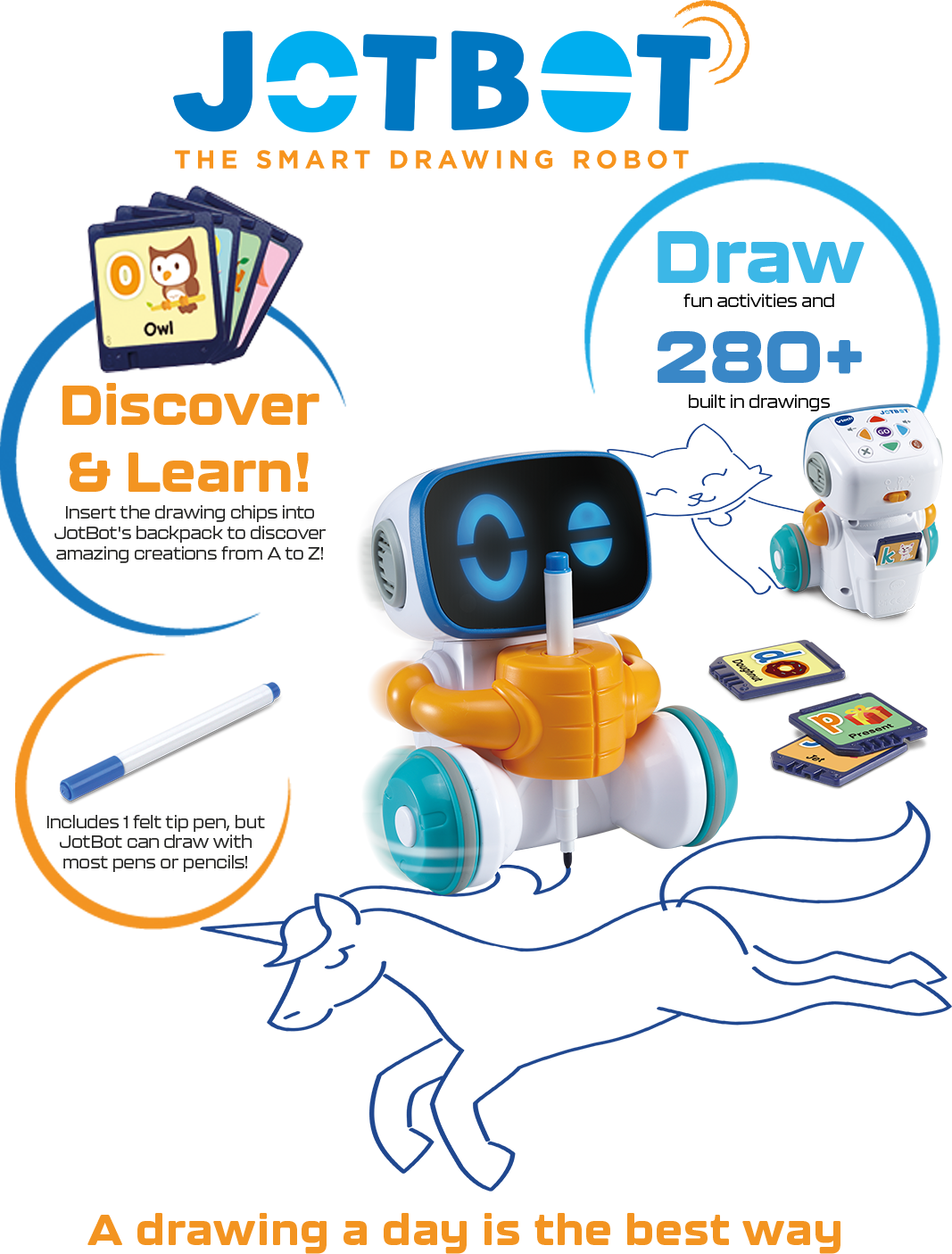 JotBot - The Smart Drawing robot, Discover & Learn!, Insert the drawing chips into JotBot's backpack to discover amazing creations from A to Z!, Draw fun activities and 280+ built in drawings, Includes 1 felt tip pen, but JotBot can draw with most pens or pencils!