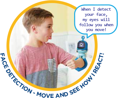 When I detect your face, my eyes will follow you when you move! Face detection - Move and see how I react!
