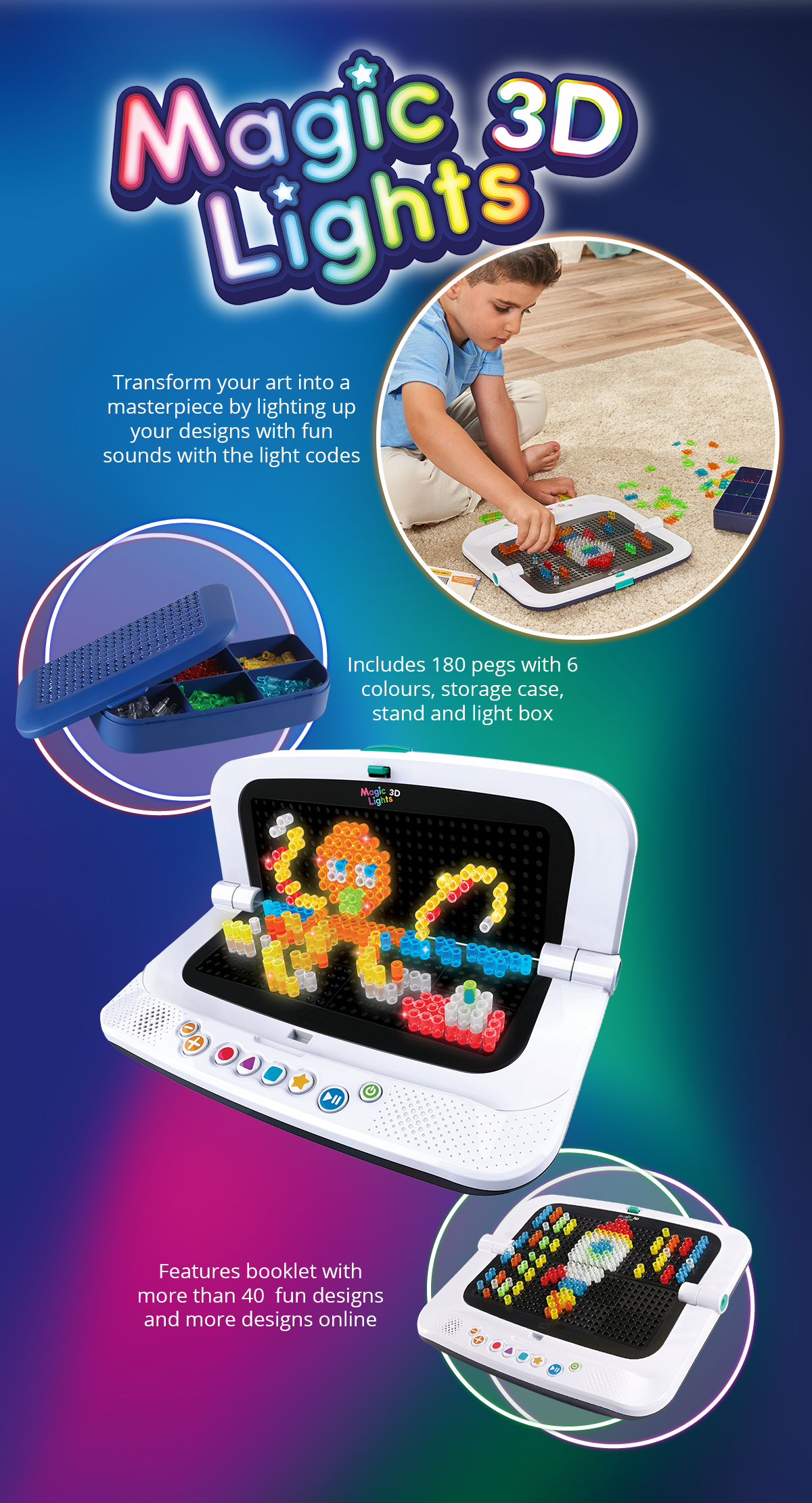 Magic 3D Lights - Transform your art into a masterpiece by lighting up your designs with fun sounds with the light codes, Includes 180 pegs with 6 colours, storage case, stand and light box, Features booklet with more than 40 fun designs and more designs online